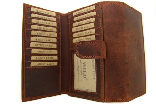 Robuste Buisness Damen Geldbörse aus Büffelleder in Braun-Kirschrot mit ca. 24 Karten Fächern
